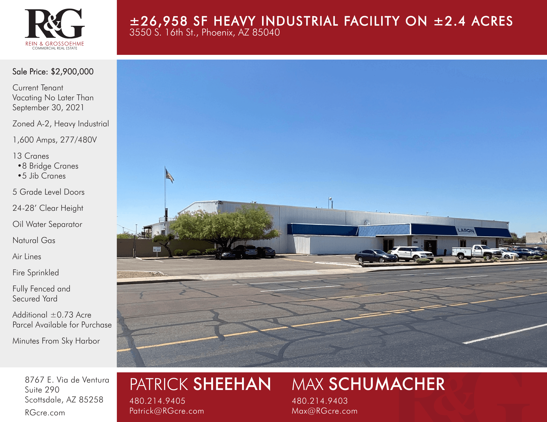 Aerial view of industrial property at 3550 S 16th St in Phoenix, Arizona showing warehouse building, access points, and surrounding site area.