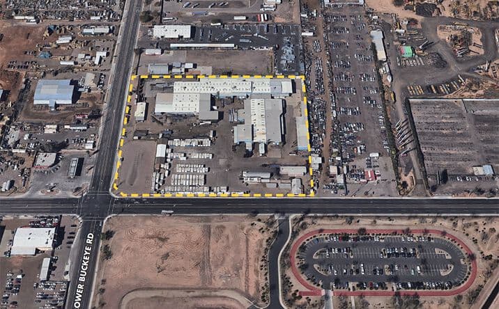 Aerial view of industrial property at 3605 W Lower Buckeye Rd in Phoenix, Arizona showing site area, access points, and industrial yard potential.