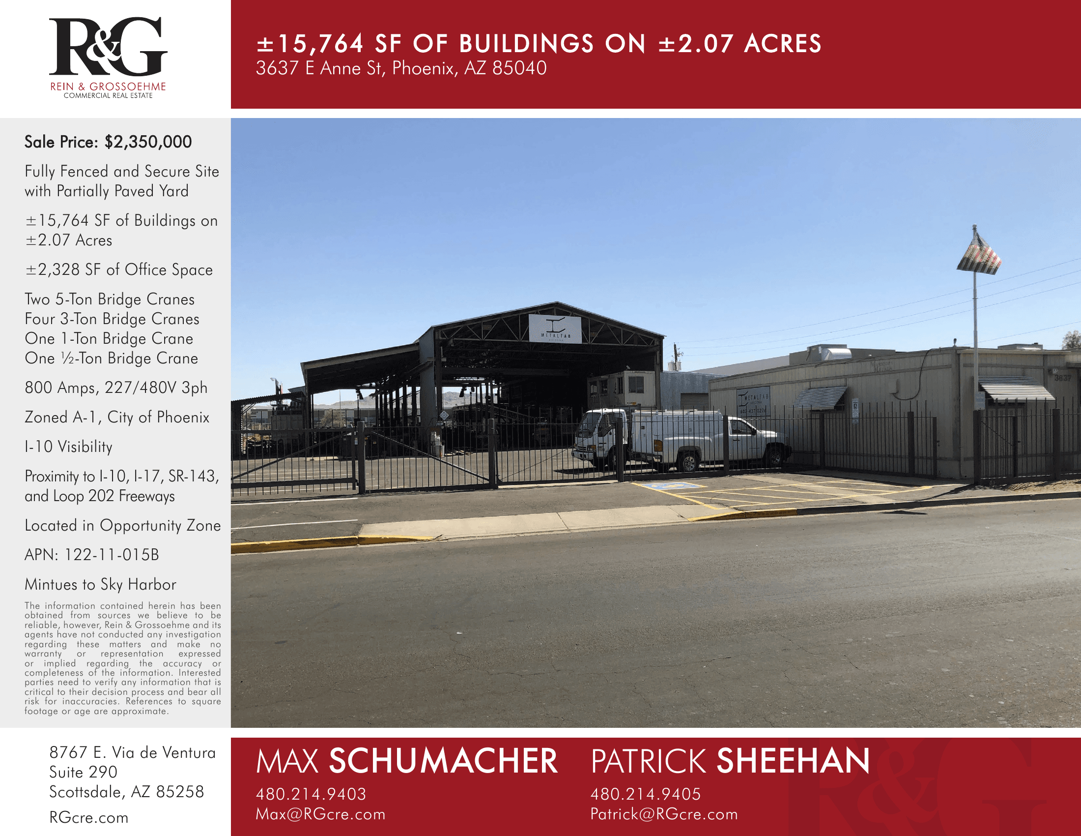 Aerial view of industrial property at 3637 E Anne St in Phoenix, Arizona showing warehouse building, access points, and surrounding site area.