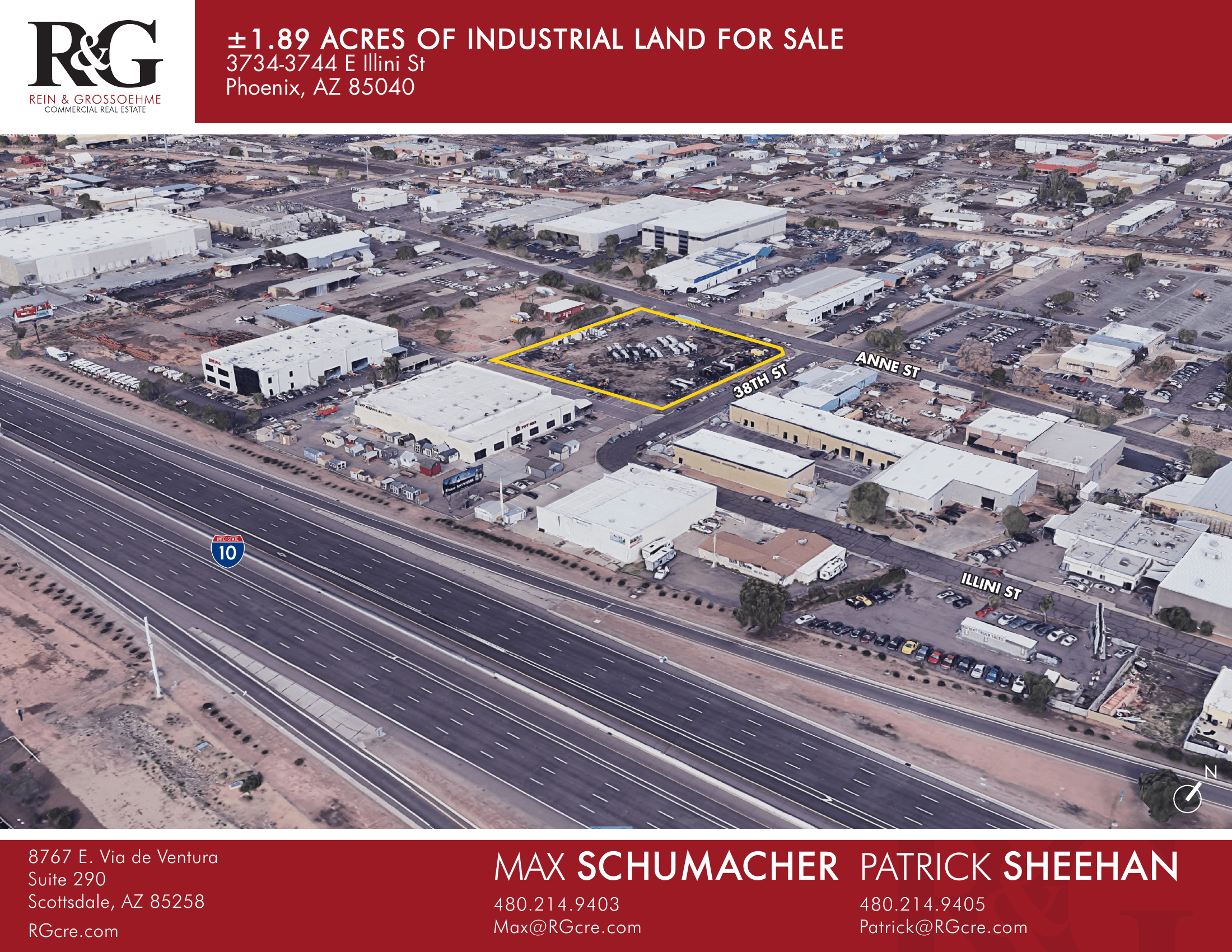 Aerial view of industrial property at 3734-3744 E Illini St in Phoenix, Arizona showing site area, access points, and industrial yard potential.