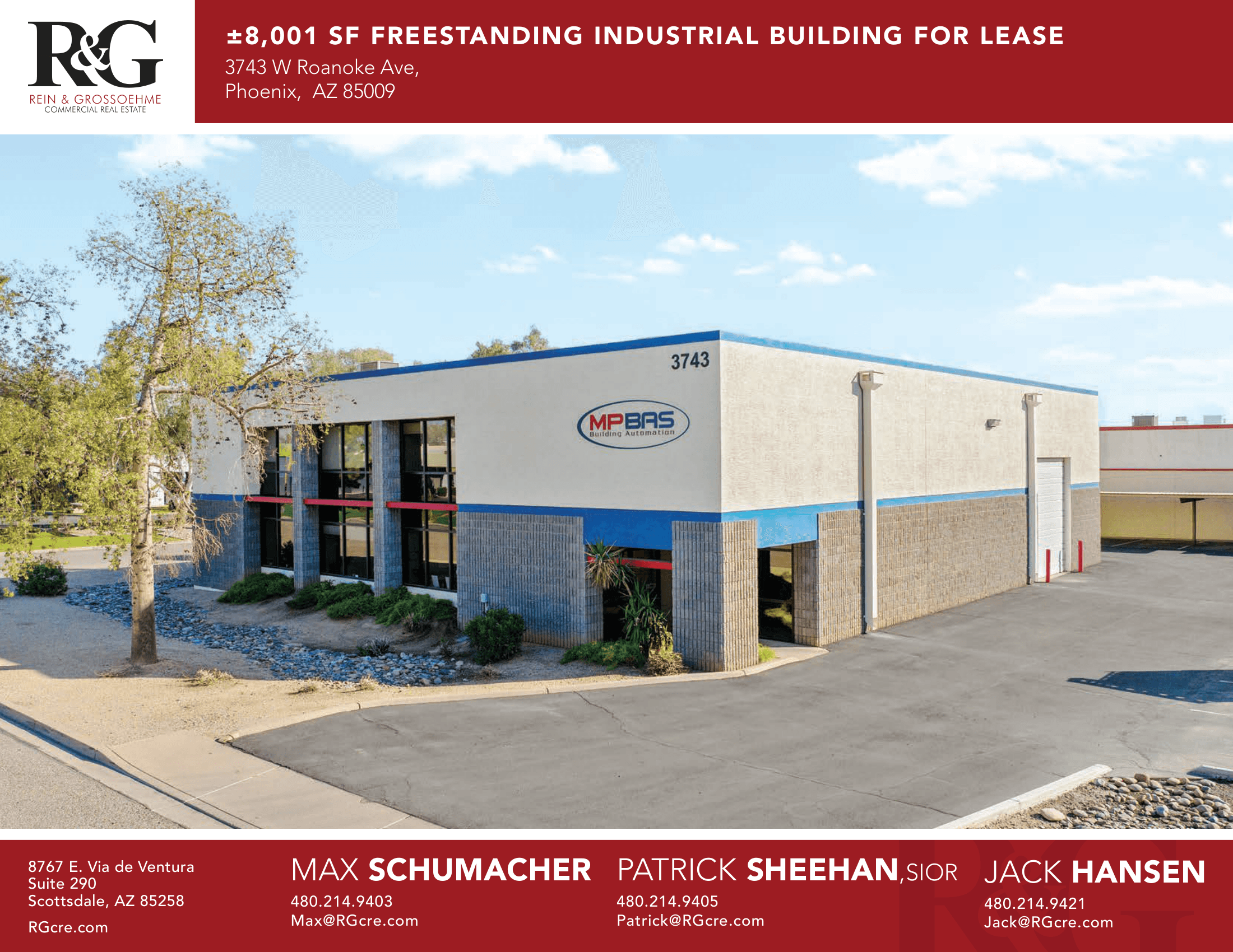Aerial view of industrial property at 3743 W Roanoke Ave in Phoenix, Arizona showing warehouse building, access points, and surrounding site area.