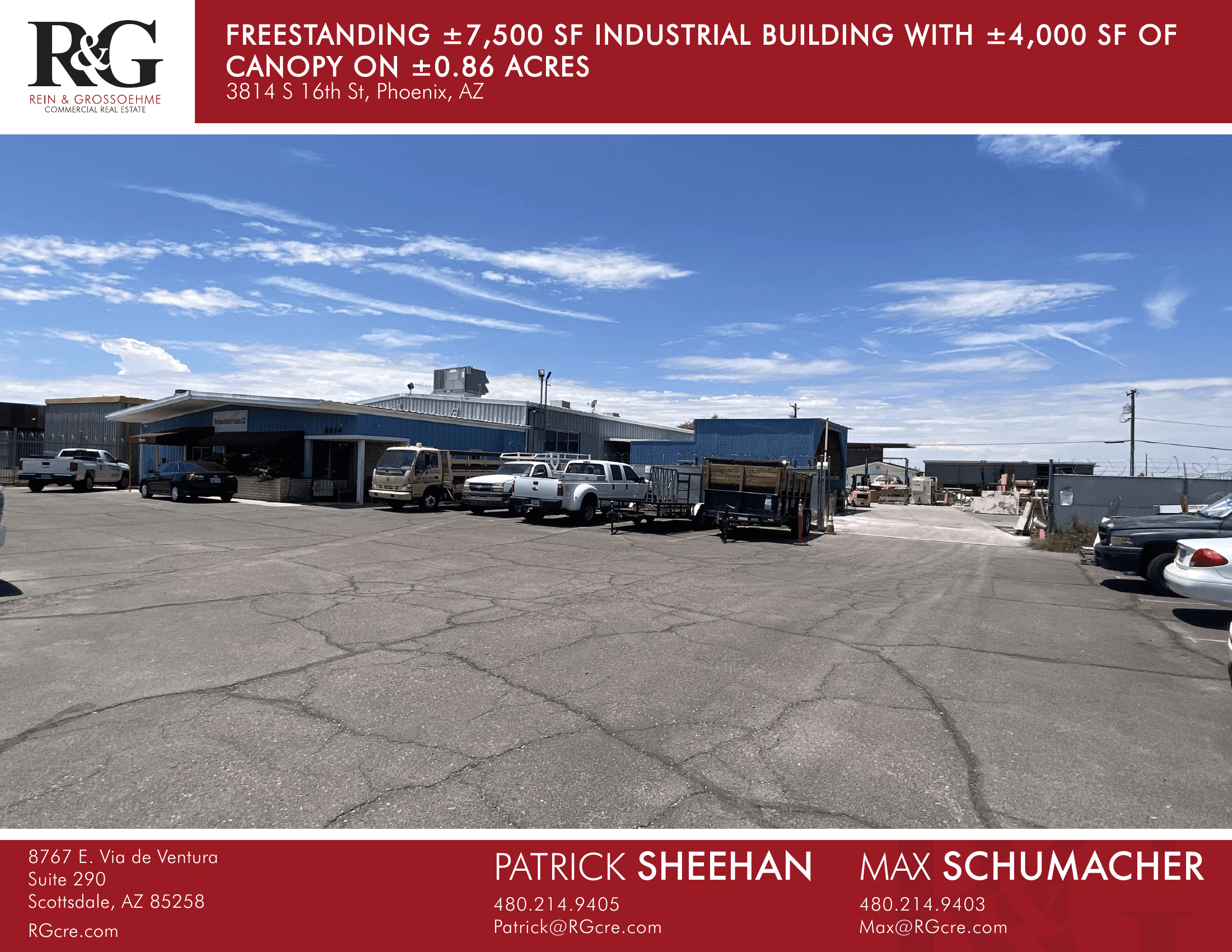 Aerial view of industrial property at 3814 S 16th St in Phoenix, Arizona showing warehouse building, access points, and surrounding site area.