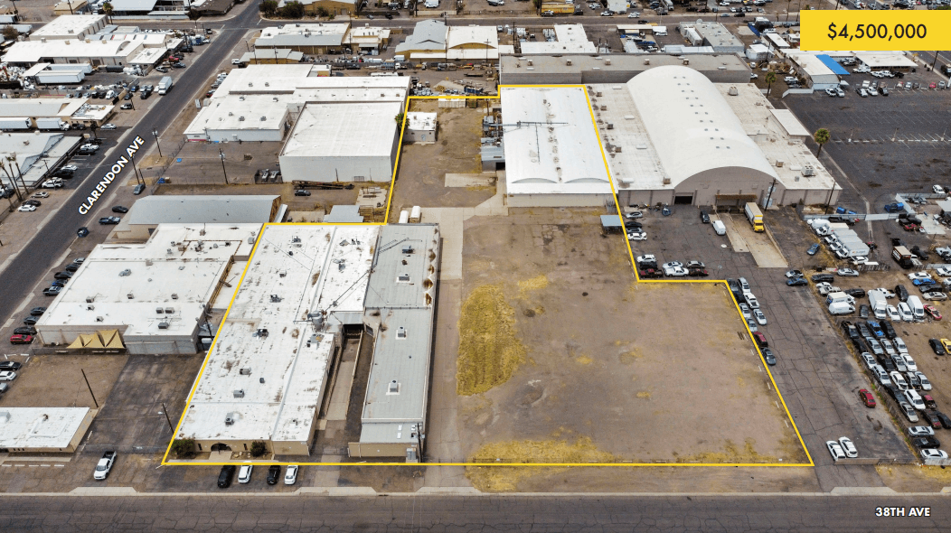 Aerial view of industrial property at 3820 N 38th Ave in Phoenix, Arizona showing warehouse building, access points, and surrounding site area.