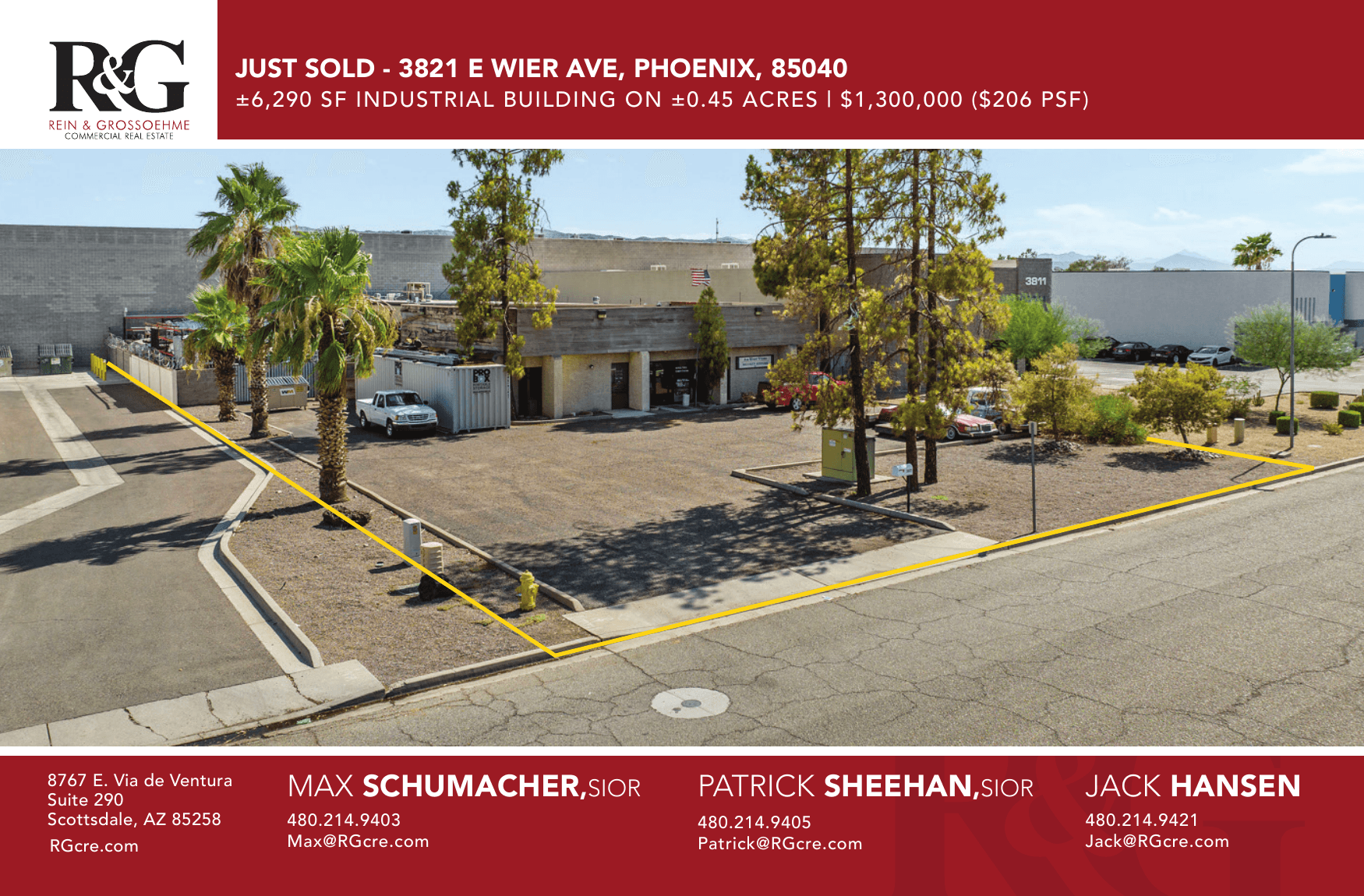 Aerial view of industrial property at 3821 E Wier Ave in Phoenix, Arizona showing warehouse building, access points, and surrounding site area.