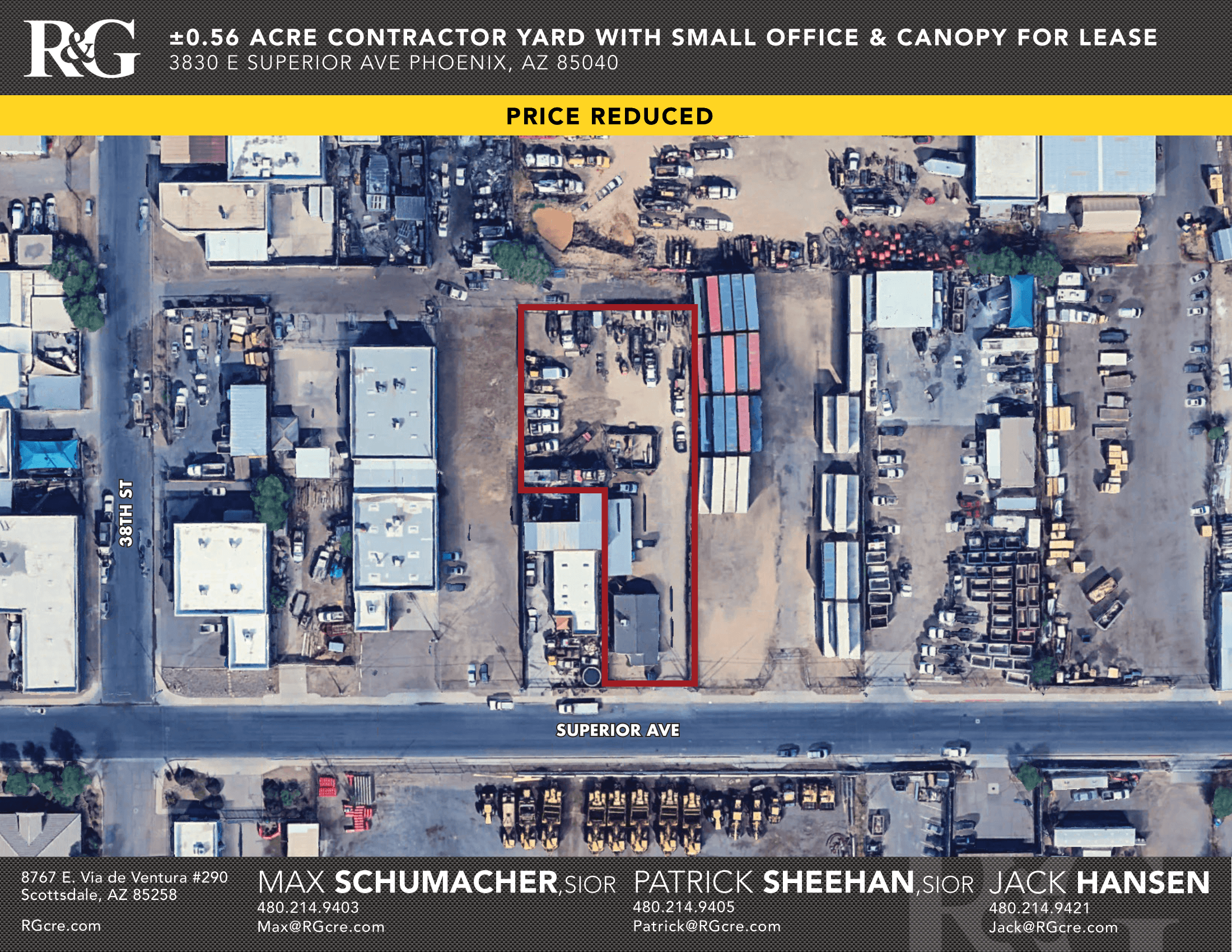 Aerial view of industrial property at 3841 E Superior Ave in Phoenix, Arizona showing warehouse building, access points, and surrounding site area.