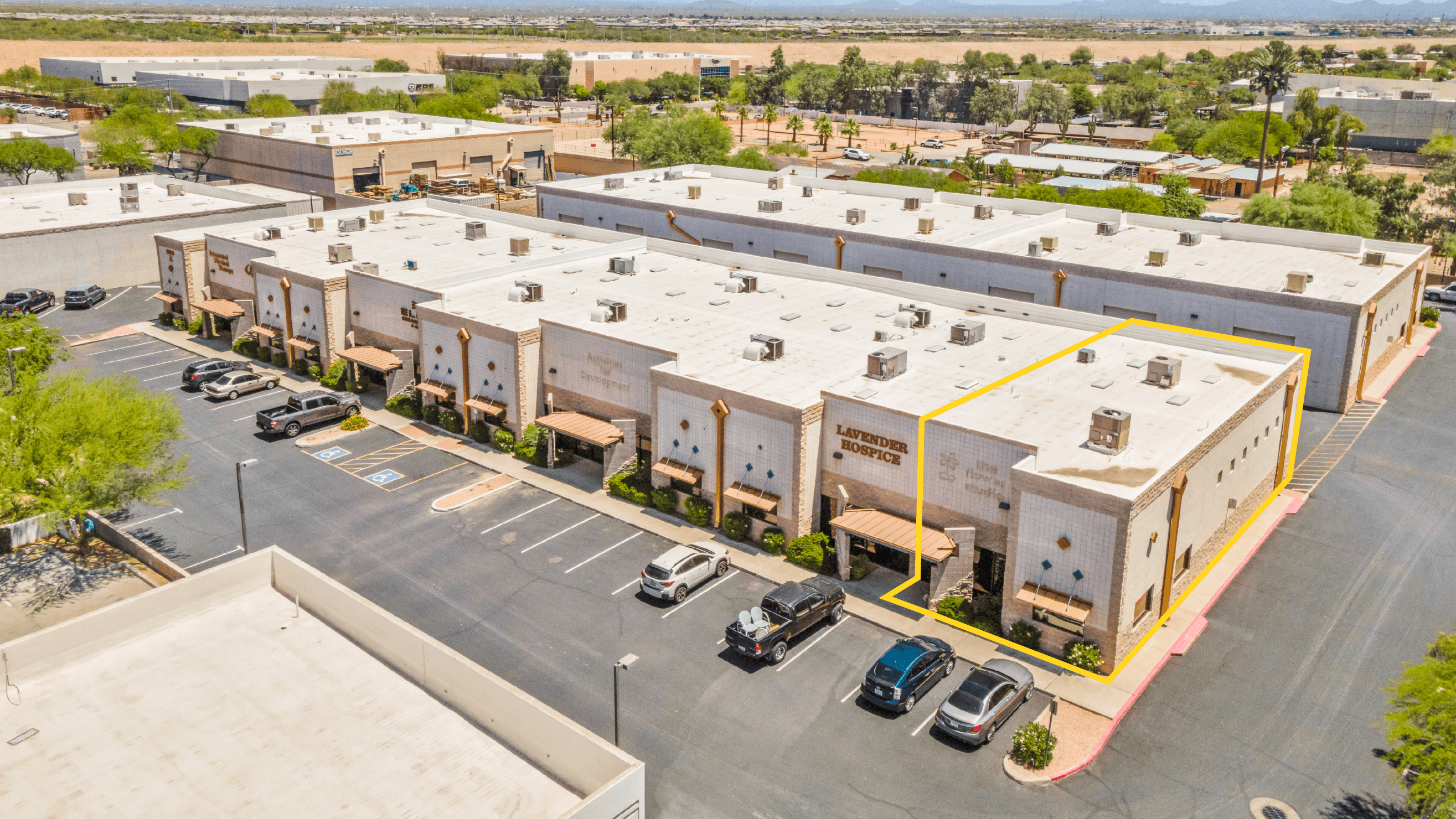 Aerial view of industrial property at 20815 N 25th Pl (Condo) in Phoenix, Arizona showing warehouse building, access points, and surrounding site area.
