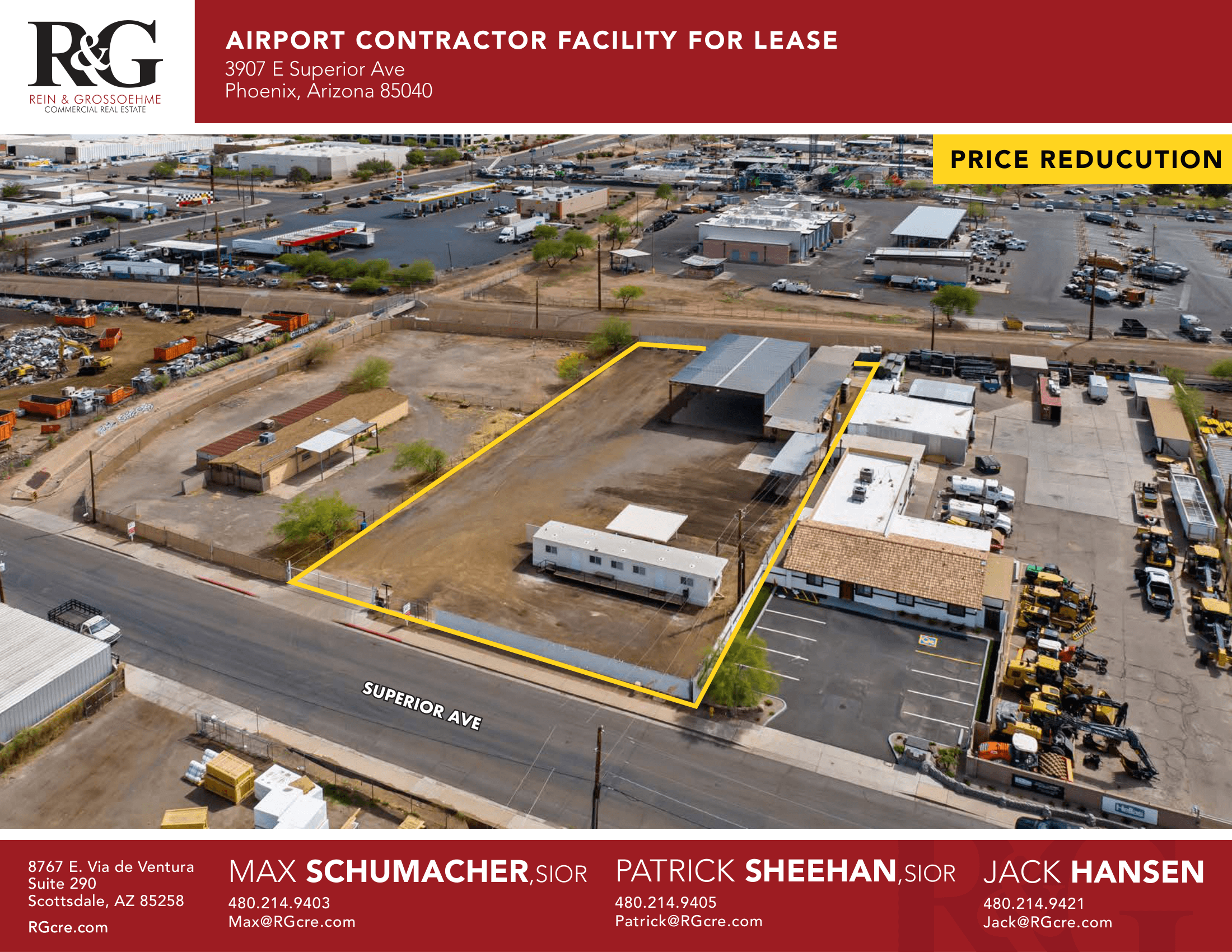 Aerial view of industrial property at 3907 E Superior Ave in Phoenix, Arizona showing warehouse building, access points, and surrounding site area.