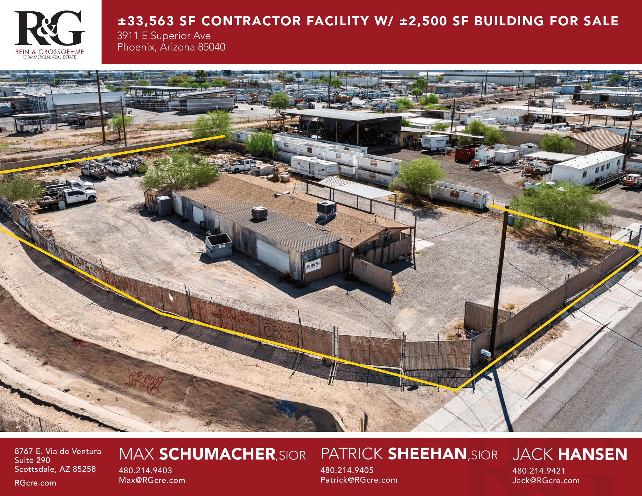 Aerial view of industrial property at 3911 E Superior Ave in Phoenix, Arizona showing warehouse building, access points, and surrounding site area.