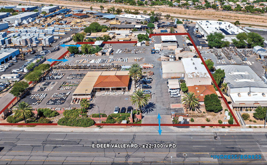Aerial view of industrial property at 1856 E Deer Valley in Phoenix, Arizona showing warehouse building, access points, and surrounding site area.