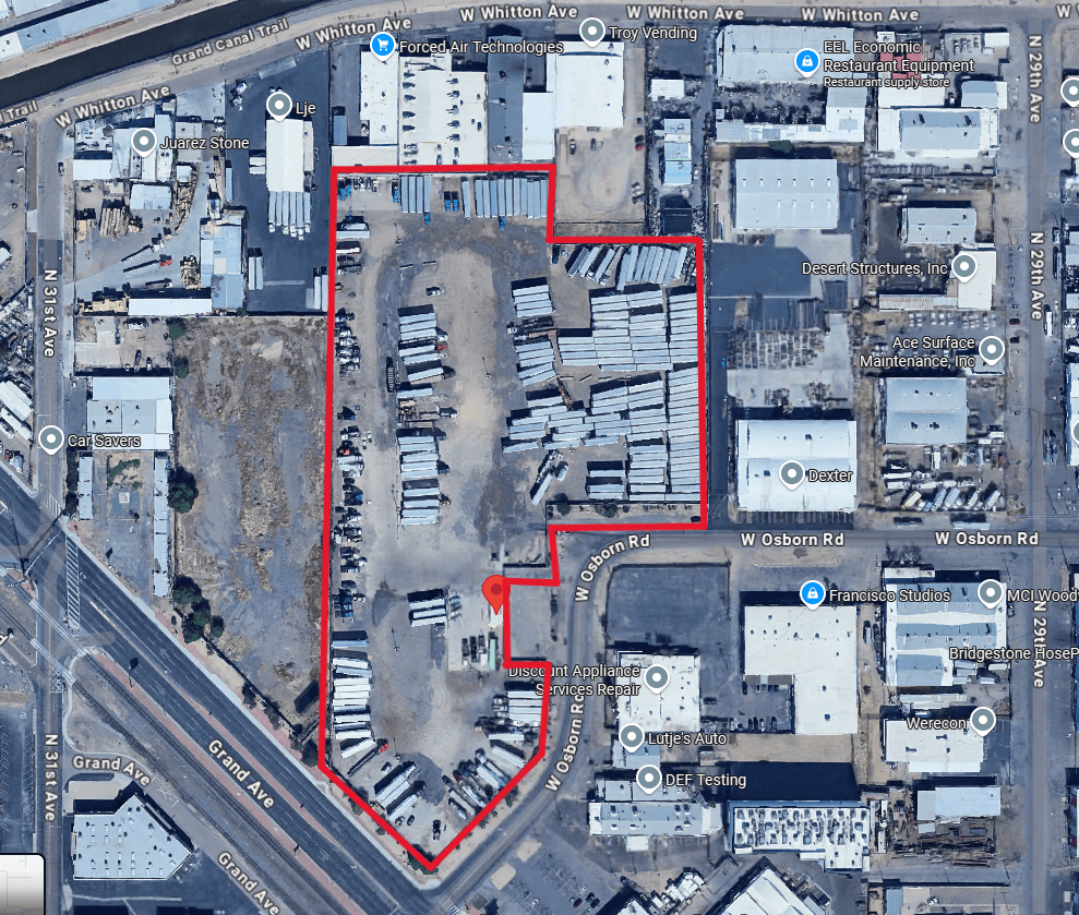 Aerial view of industrial property at 3010 Grand Ave in Phoenix, Arizona showing site area, access points, and industrial yard potential.
