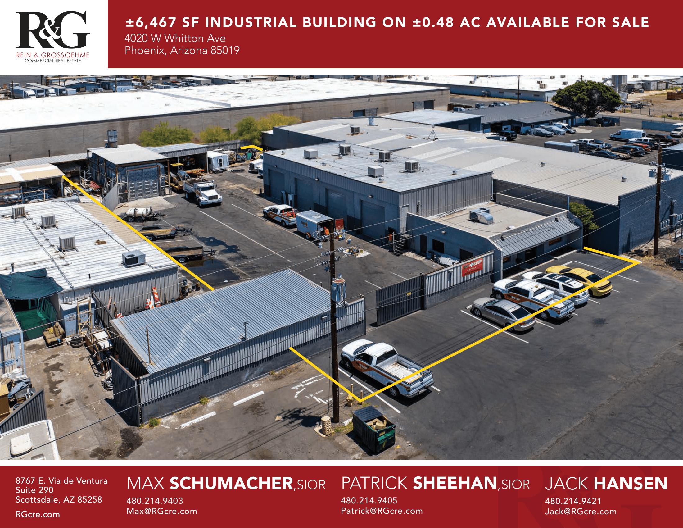 Aerial view of industrial property at 4020 W Whitton Ave in Phoenix, Arizona showing warehouse building, access points, and surrounding site area.