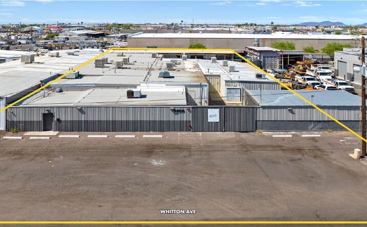 Aerial view of industrial property at 4020 W Whitton Ave in Phoenix, Arizona showing warehouse building, access points, and surrounding site area.