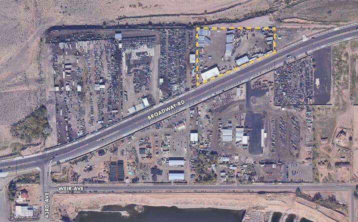 Aerial view of industrial property at 4022-4024 W Broadway Road in Phoenix, Arizona showing warehouse building, access points, and surrounding site area.