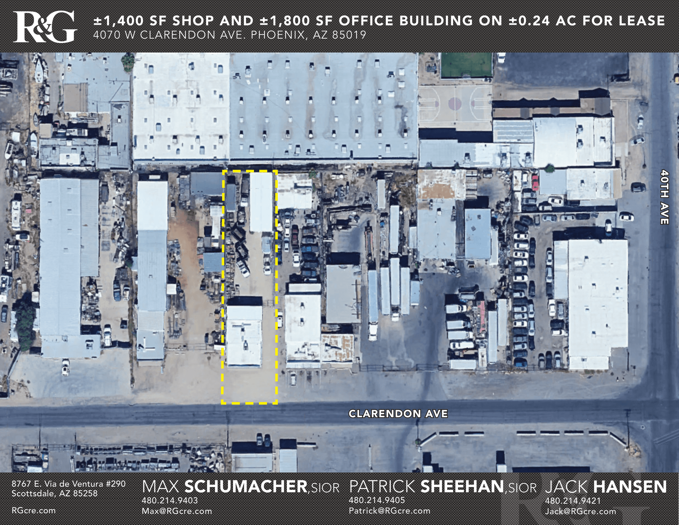 Aerial view of industrial property at 4070 W Clarendon Ave in Phoenix, Arizona showing warehouse building, access points, and surrounding site area.