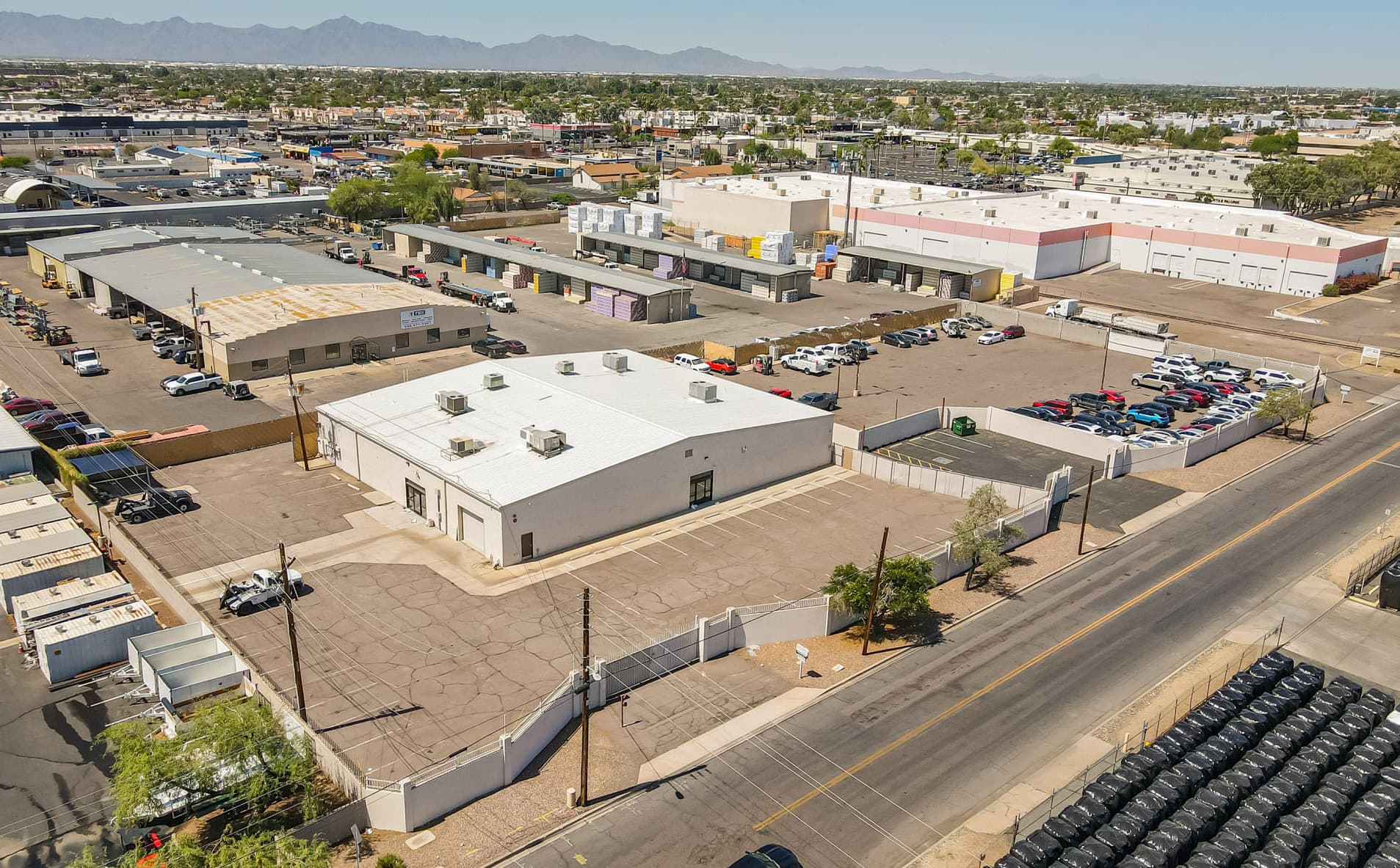 Aerial view of industrial property at 4205 W Glenrosa Ave in Phoenix, Arizona showing warehouse building, access points, and surrounding site area.