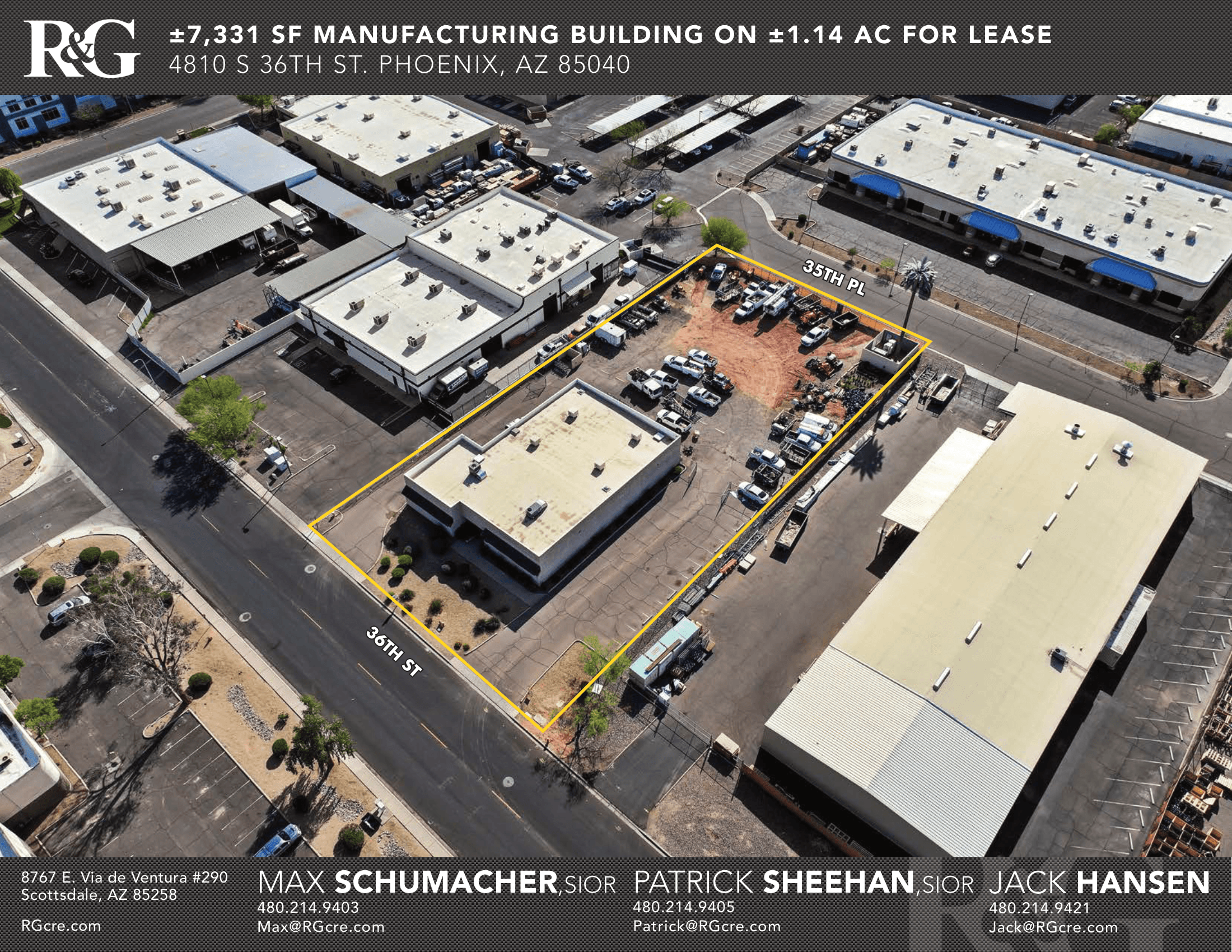 Aerial view of industrial property at 4810 S 36th Street in Phoenix, Arizona showing warehouse building, access points, and surrounding site area.