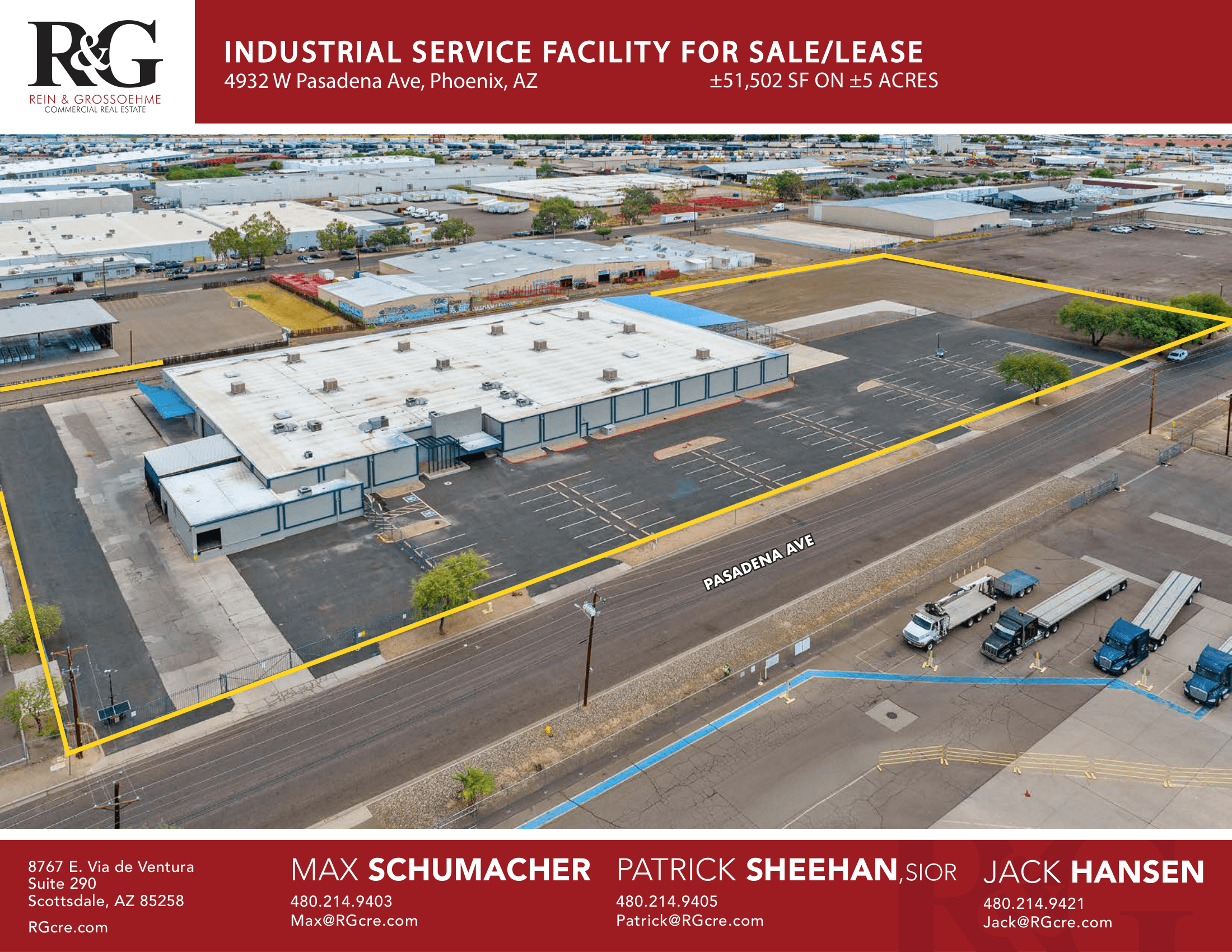 Aerial view of industrial property at 4932 W Pasadena Ave in Glendale, Arizona showing warehouse building, access points, and surrounding site area.