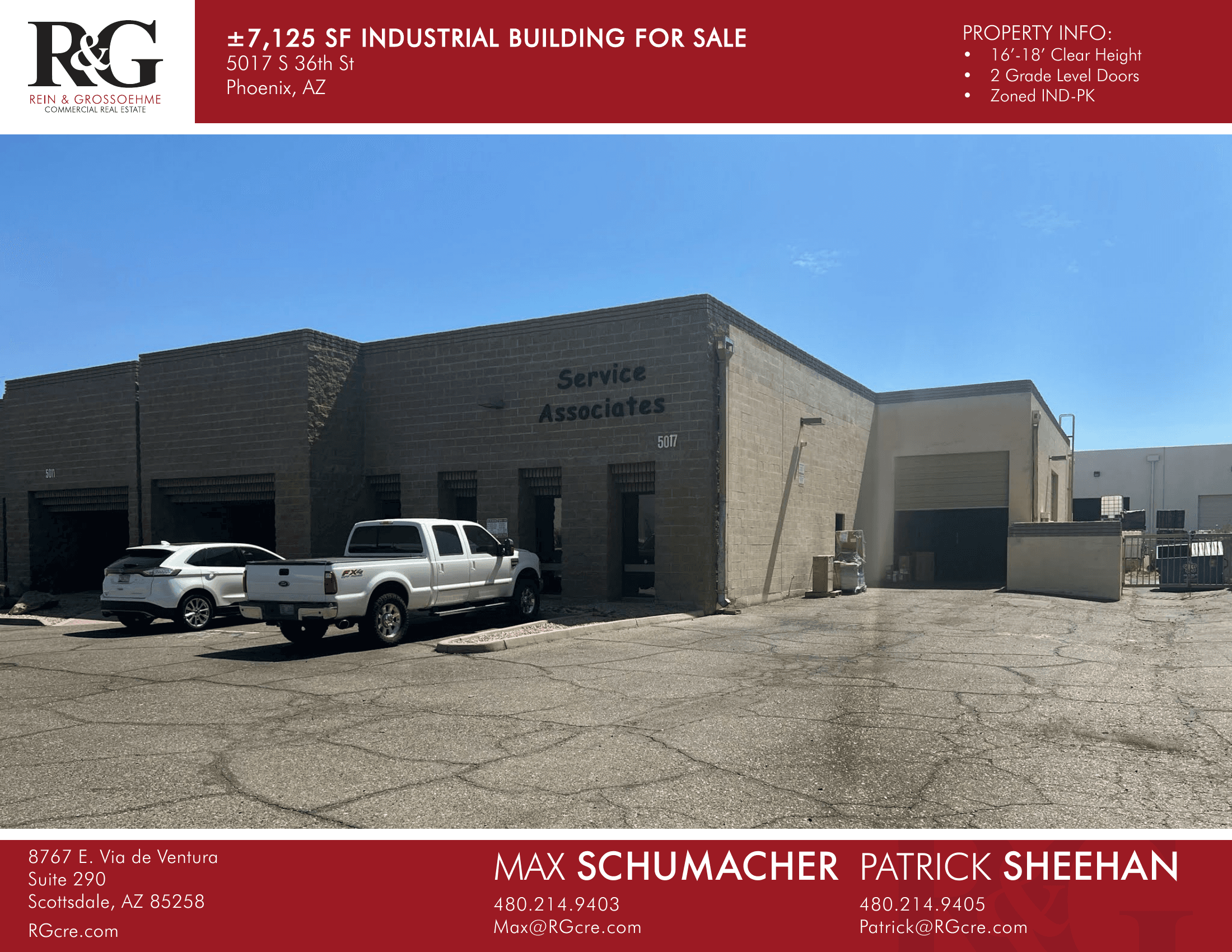 Aerial view of industrial property at 5017 S 36th St in Phoenix, Arizona showing warehouse building, access points, and surrounding site area.
