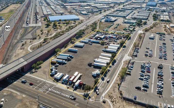 Aerial view of industrial property at 5120 W Bethany Home Rd in Glendale, Arizona showing warehouse building, access points, and surrounding site area.