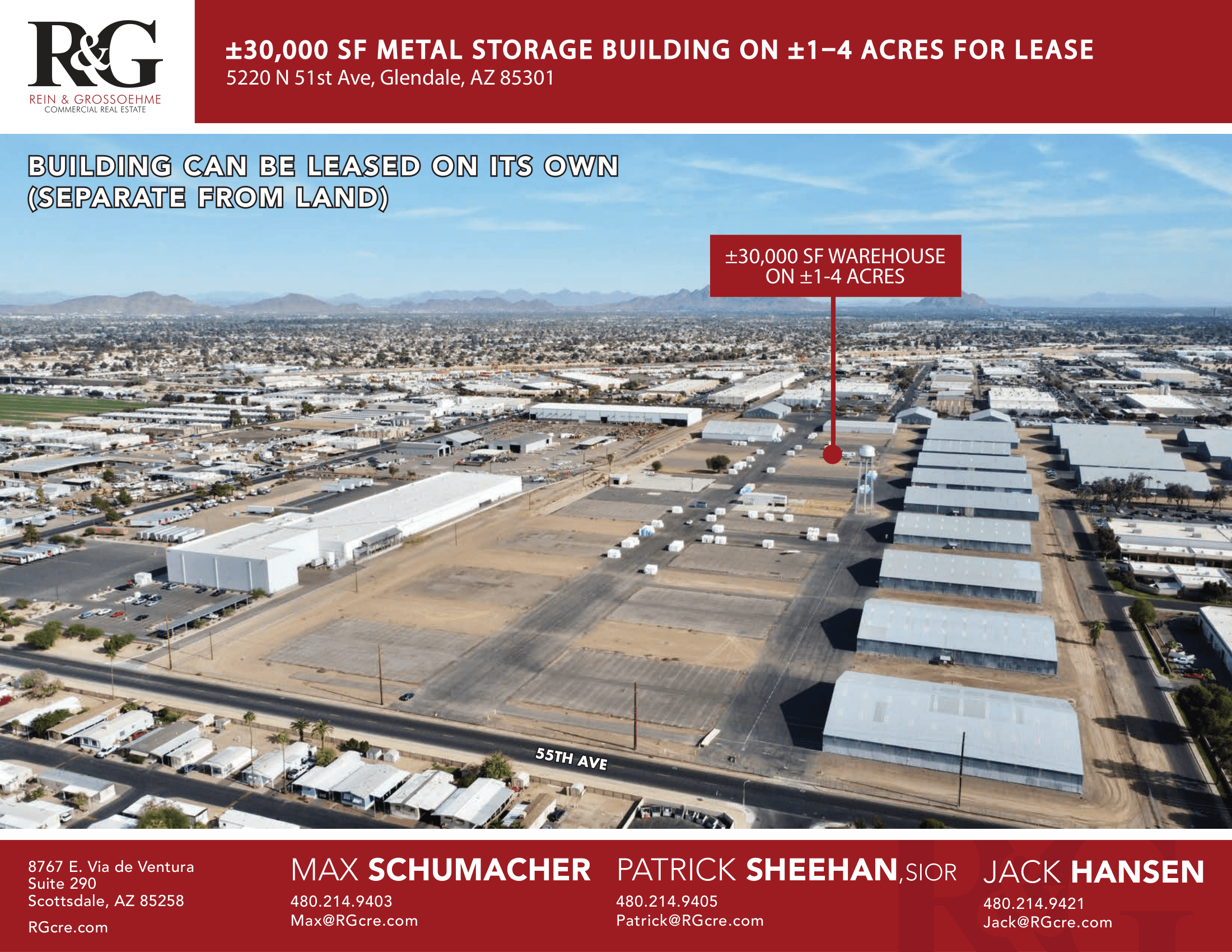 Aerial view of industrial property at 5220 N 51st Ave in Glendale, Arizona showing warehouse building, access points, and surrounding site area.