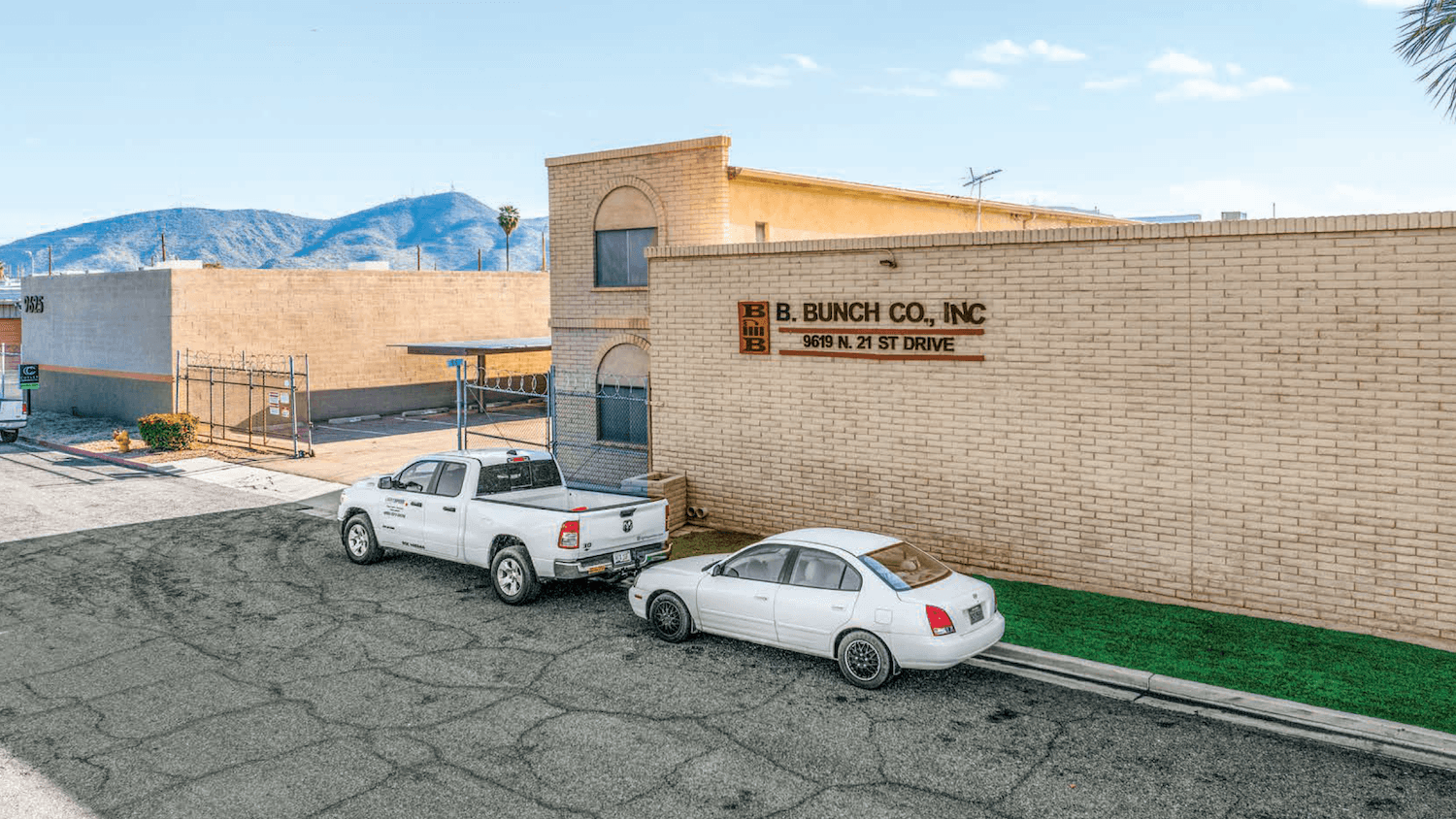 Aerial view of industrial property at 9619 N 21st Dr in Phoenix, Arizona showing warehouse building, access points, and surrounding site area.