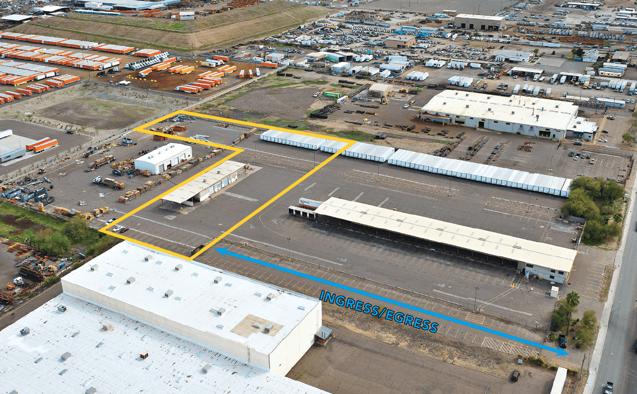 Aerial view of industrial property at 3045 S 43rd Ave in Phoenix, Arizona showing warehouse building, access points, and surrounding site area.