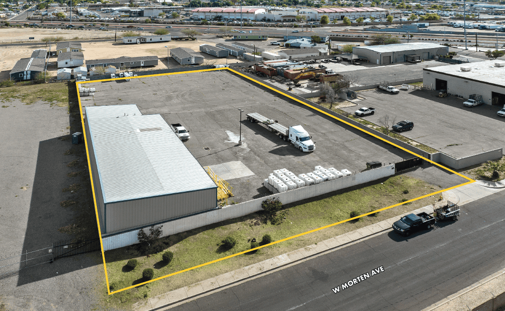 Aerial view of industrial property at 6271 W Morten Ave in Glendale, Arizona showing warehouse building, access points, and surrounding site area.