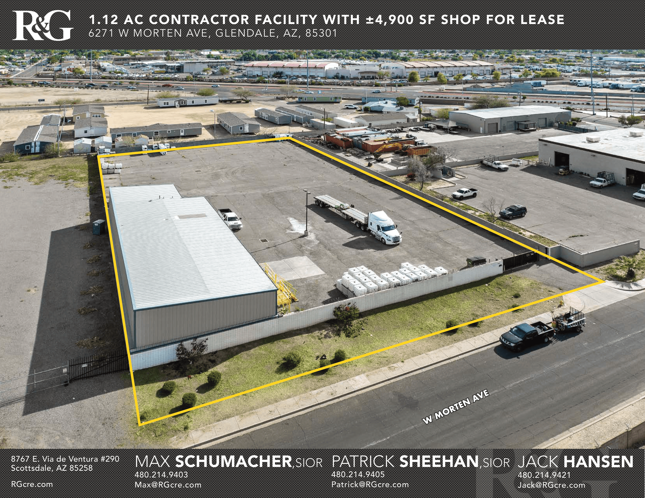 Aerial view of industrial property at 6271 W Morten Ave in Glendale, Arizona showing warehouse building, access points, and surrounding site area.