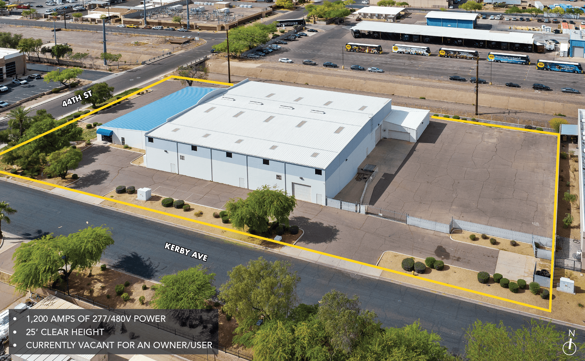 Aerial view of industrial property at 3411 S 44th St in Phoenix, Arizona showing warehouse building, access points, and surrounding site area.