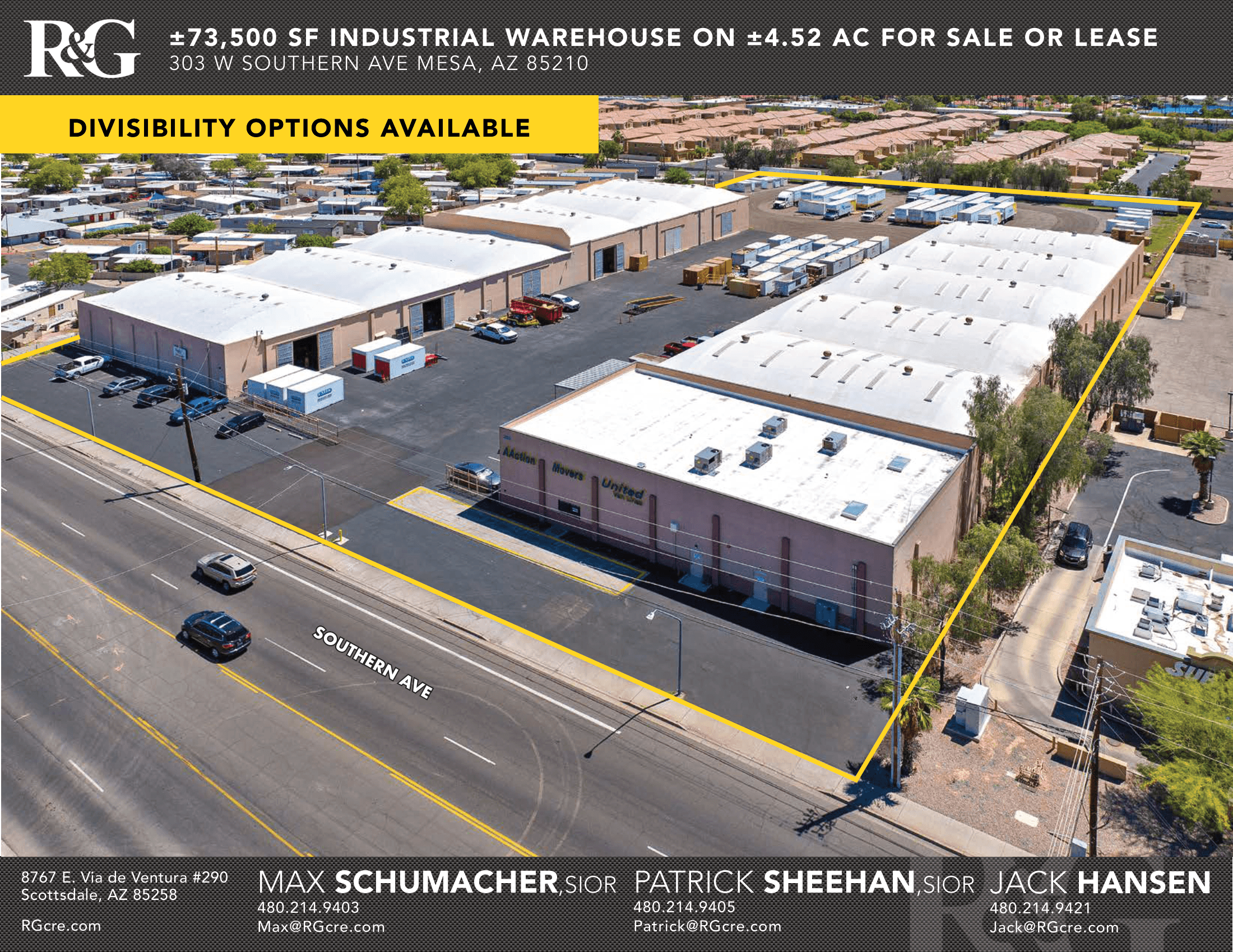 Aerial view of industrial property at 666-700 E Southern Ave in Mesa, Arizona showing warehouse building, access points, and surrounding site area.