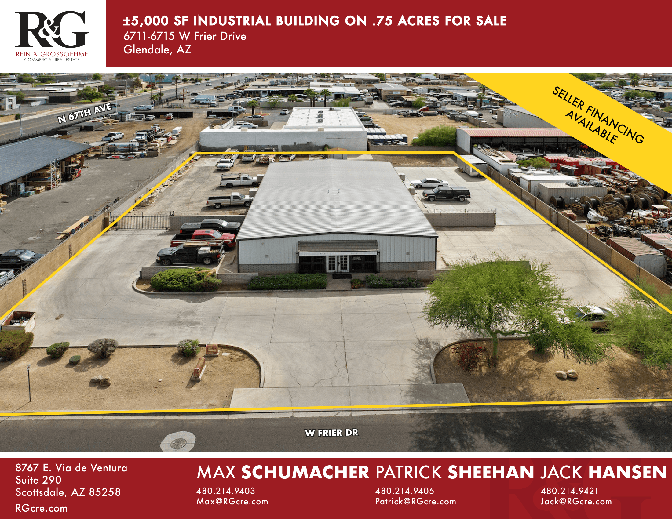 Aerial view of industrial property at 6711 W Frier Dr in Glendale, Arizona showing warehouse building, access points, and surrounding site area.