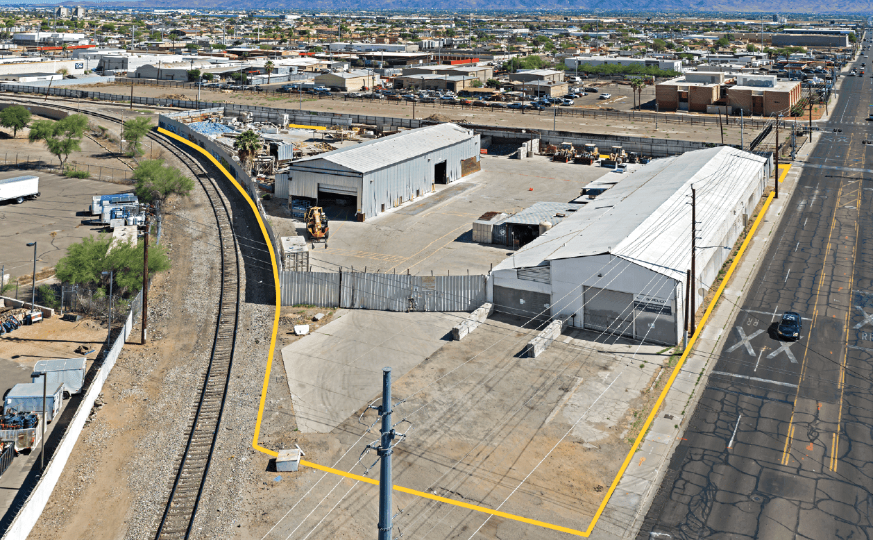 Aerial view of industrial property at 301 S 19th Ave in Phoenix, Arizona showing warehouse building, access points, and surrounding site area.