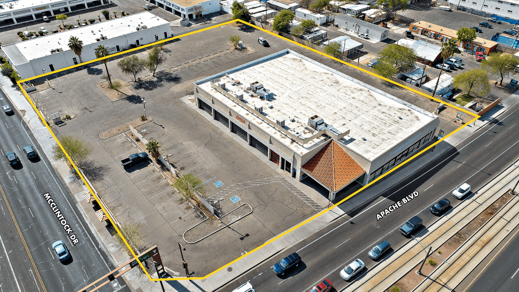 Aerial view of industrial property at 1747 E Apache in Phoenix, Arizona showing warehouse building, access points, and surrounding site area.
