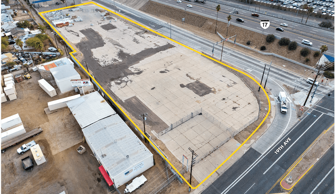 Aerial view of industrial property at 1851 S 19th Ave in Phoenix, Arizona showing site area, access points, and industrial yard potential.