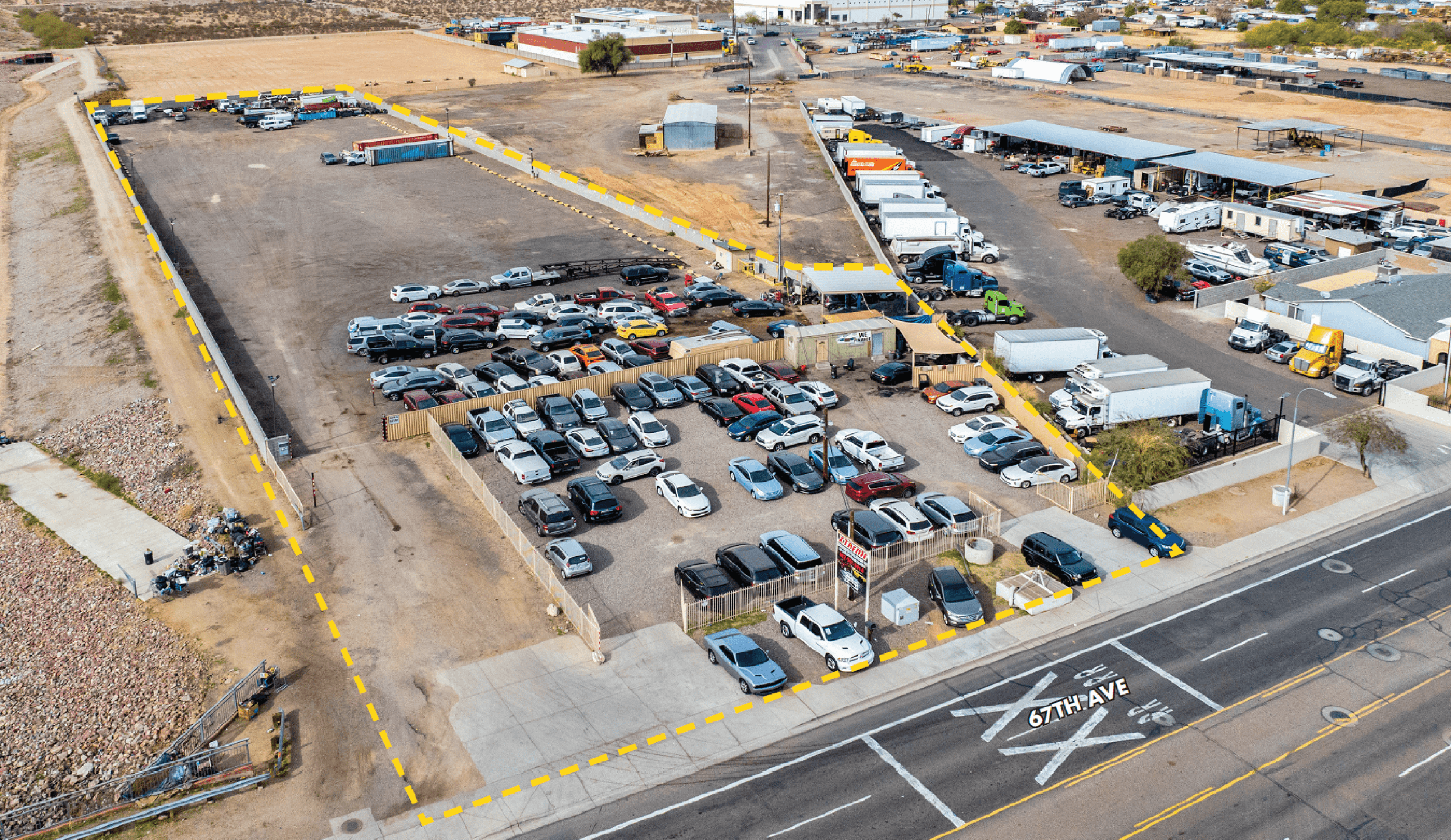 Aerial view of industrial property at 304 S 67th Ave in Phoenix, Arizona showing site area, access points, and industrial yard potential.