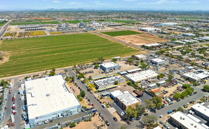 Aerial view of industrial property at 7829 N 68th Ave in Glendale, Arizona showing warehouse building, access points, and surrounding site area.