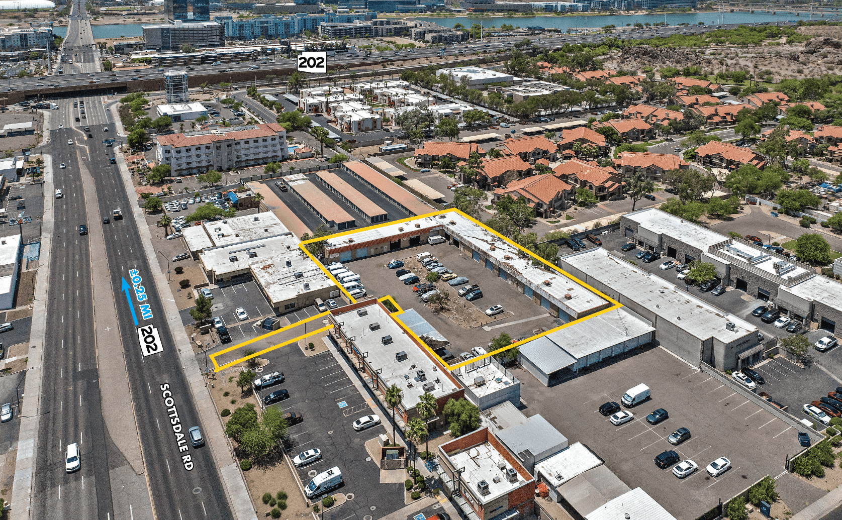 Aerial view of industrial property at 910 N Scottsdale Rd in Phoenix, Arizona showing warehouse building, access points, and surrounding site area.