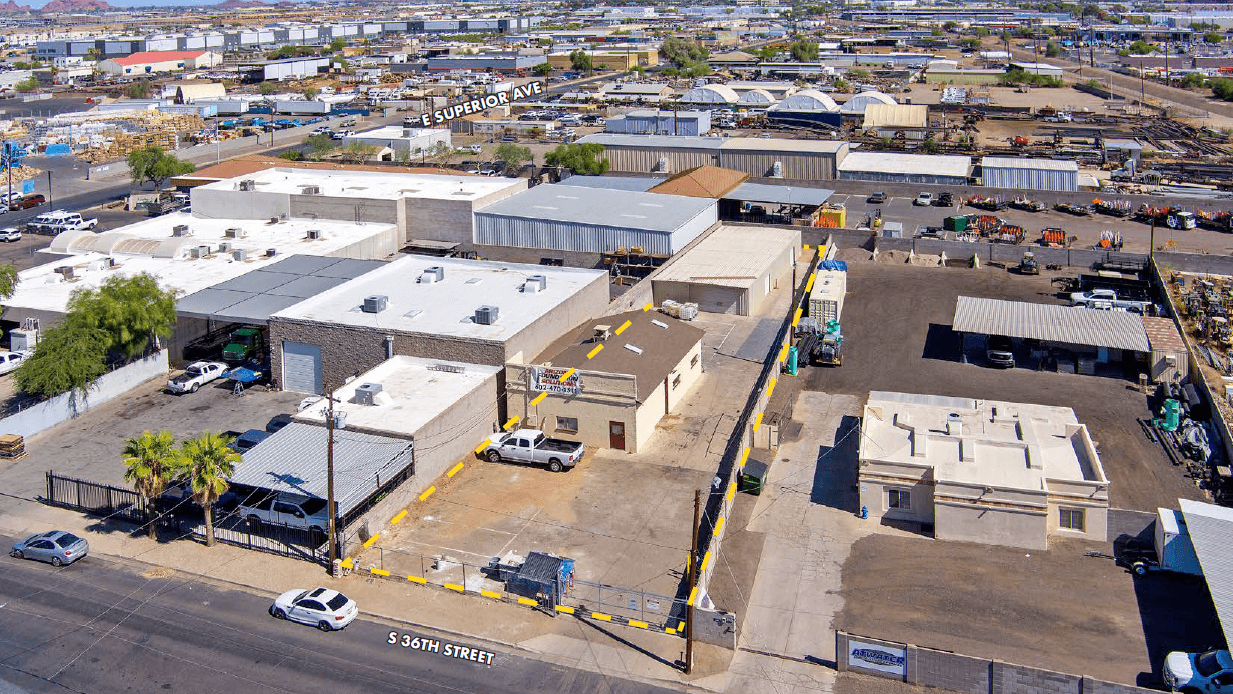 Aerial view of industrial property at 3443 S 36th St in Phoenix, Arizona showing warehouse building, access points, and surrounding site area.
