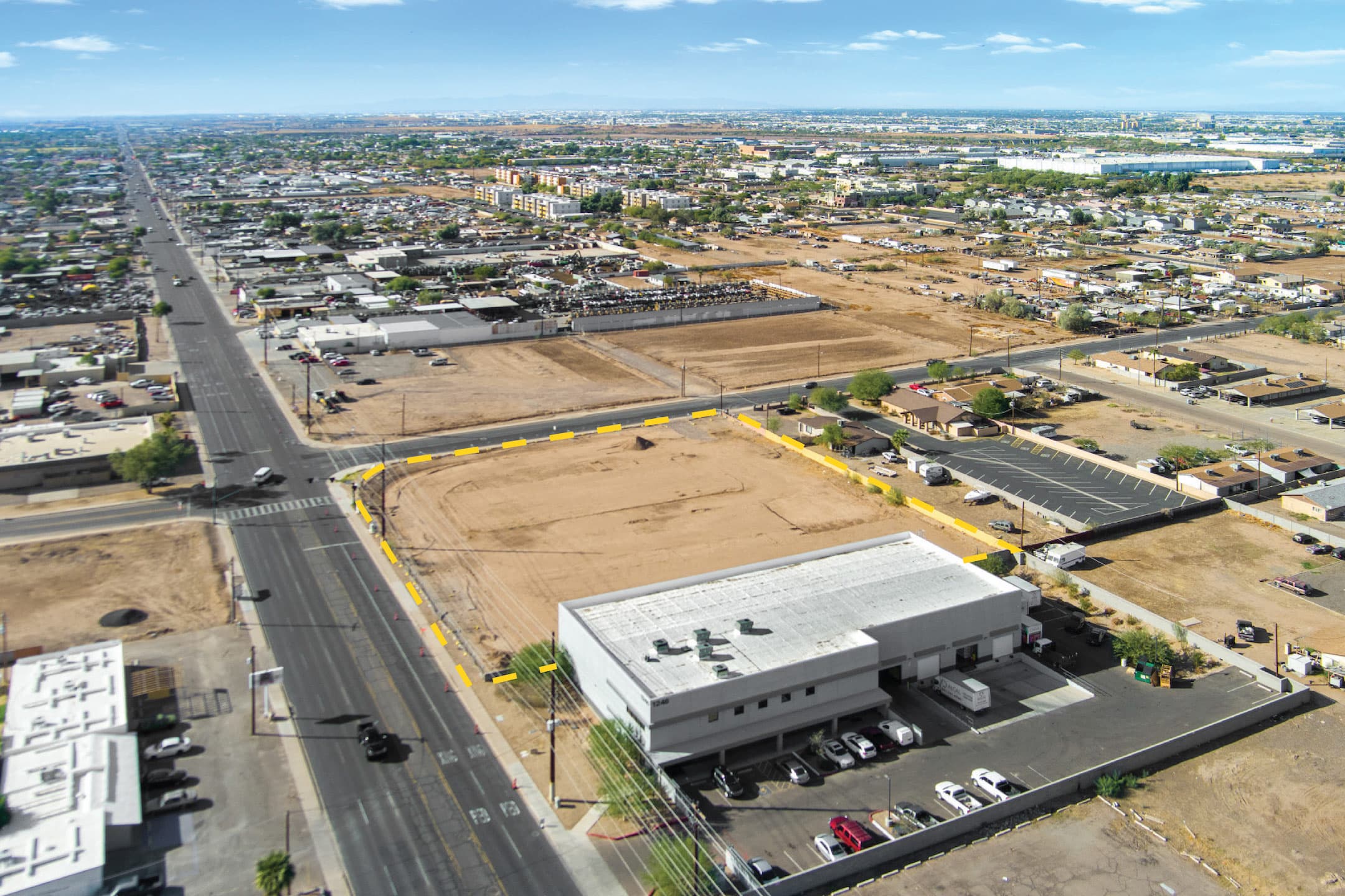 Aerial view of industrial property at 1202-1224 E Broadway Rd in Phoenix, Arizona showing site area, access points, and industrial yard potential.