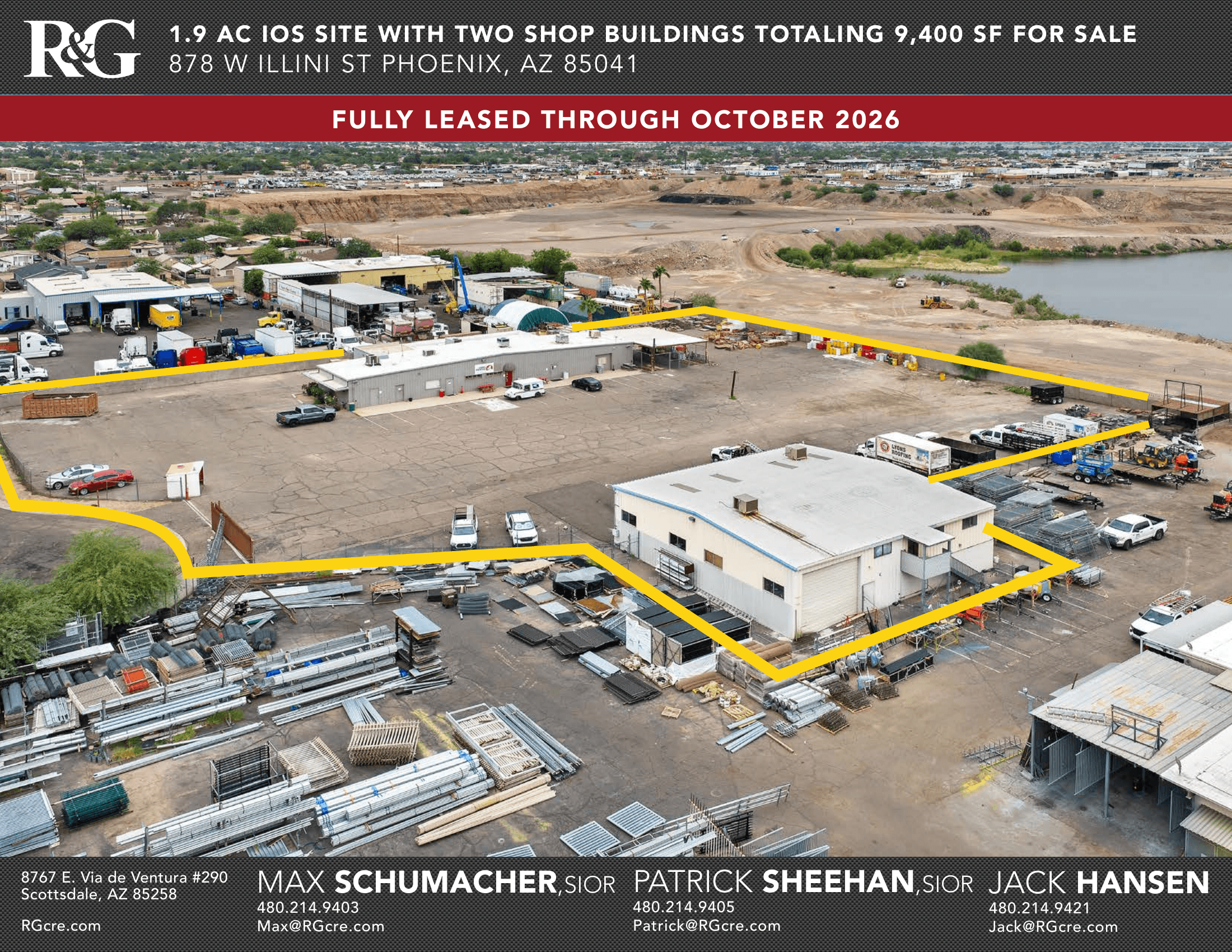 Aerial view of industrial property at 878 W Illini St in Phoenix, Arizona showing warehouse building, access points, and surrounding site area.