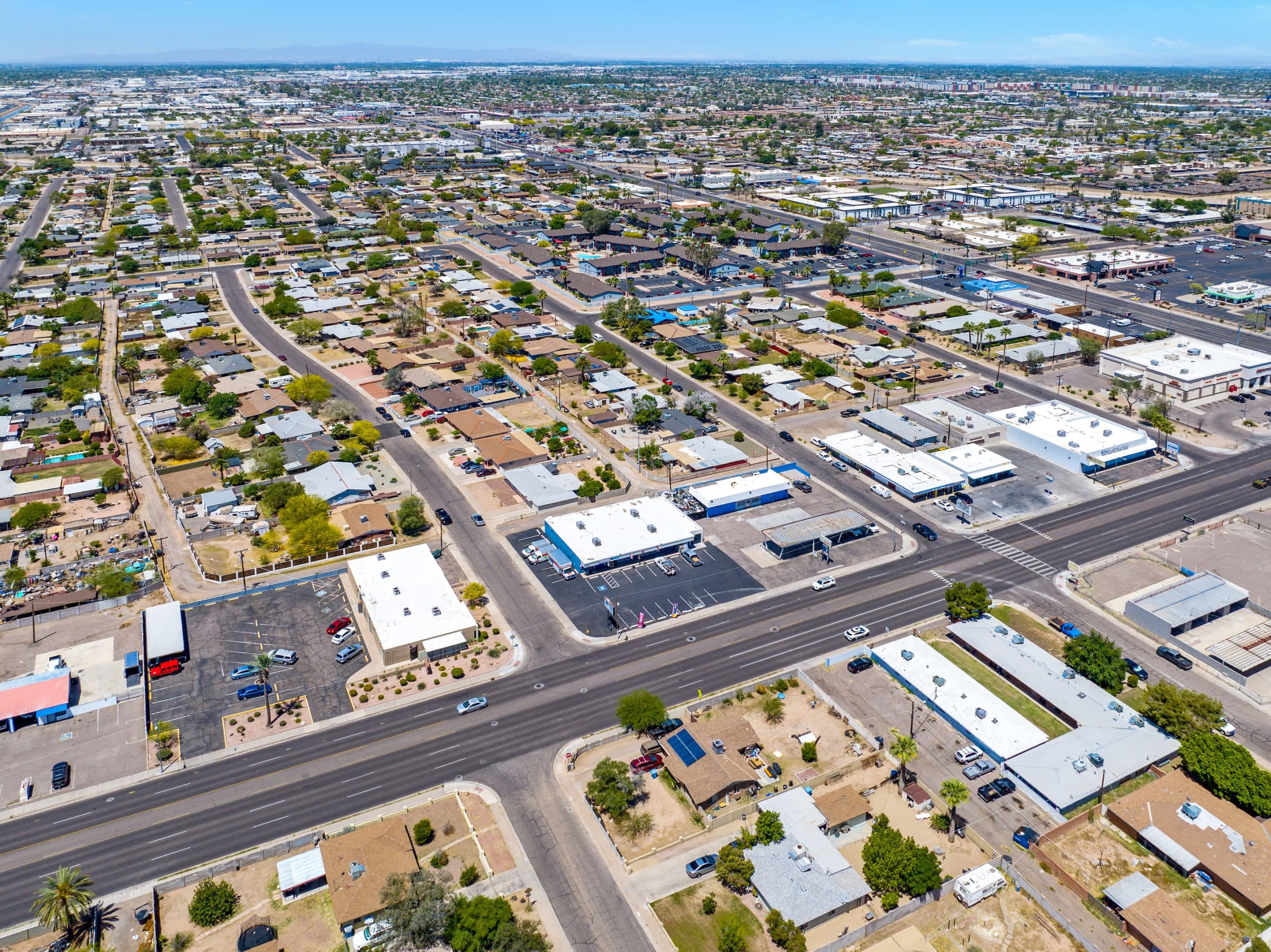 Aerial view of industrial property at 3838 N 19th Ave in Phoenix, Arizona showing warehouse building, access points, and surrounding site area.