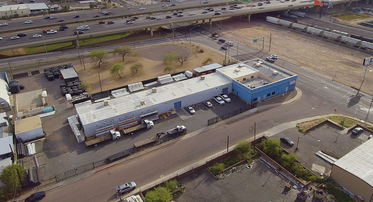 Aerial view of industrial property at 1839 W Culver St in Phoenix, Arizona showing warehouse building, access points, and surrounding site area.