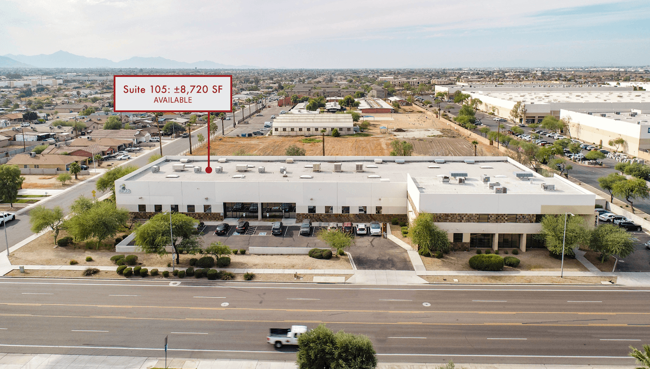 Aerial view of industrial property at 4750 S 32nd St in Phoenix, Arizona showing warehouse building, access points, and surrounding site area.