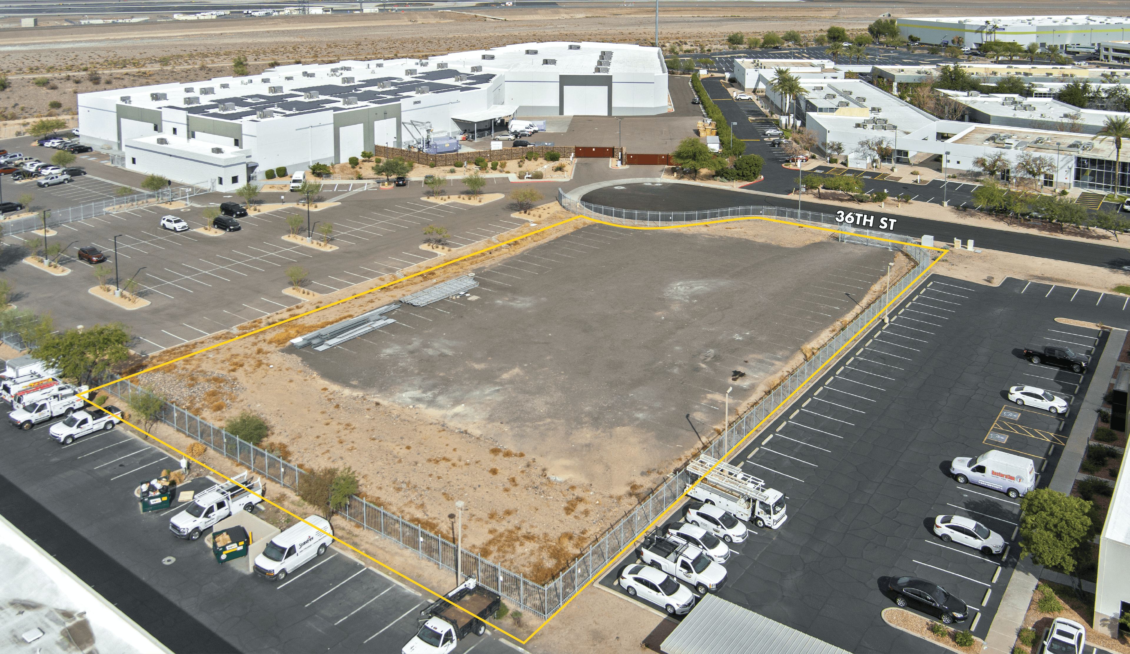 Aerial view of industrial property at 2820 S 36th St in Phoenix, Arizona showing site area, access points, and industrial yard potential.
