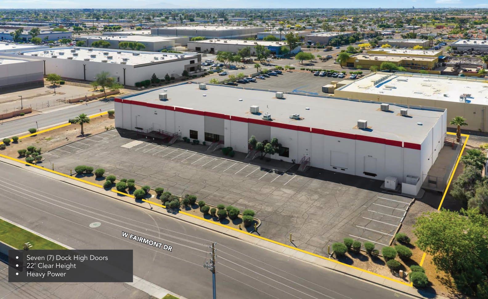 Aerial view of industrial property at 731 W Fairmont Dr in Tempe, Arizona showing warehouse building, access points, and surrounding site area.