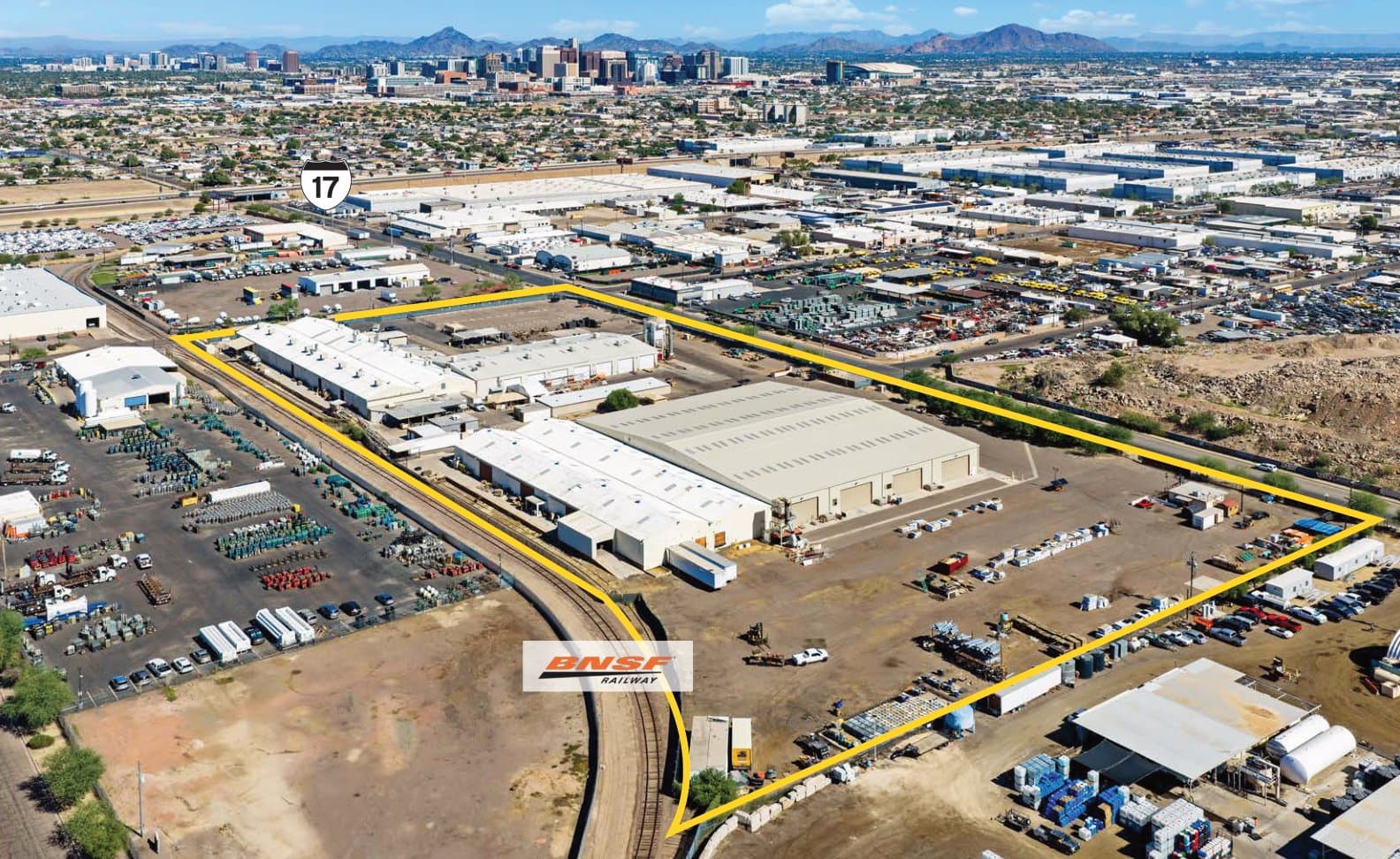 Aerial view of industrial property at 2402 S 15th Ave in Phoenix, Arizona showing warehouse building, access points, and surrounding site area.