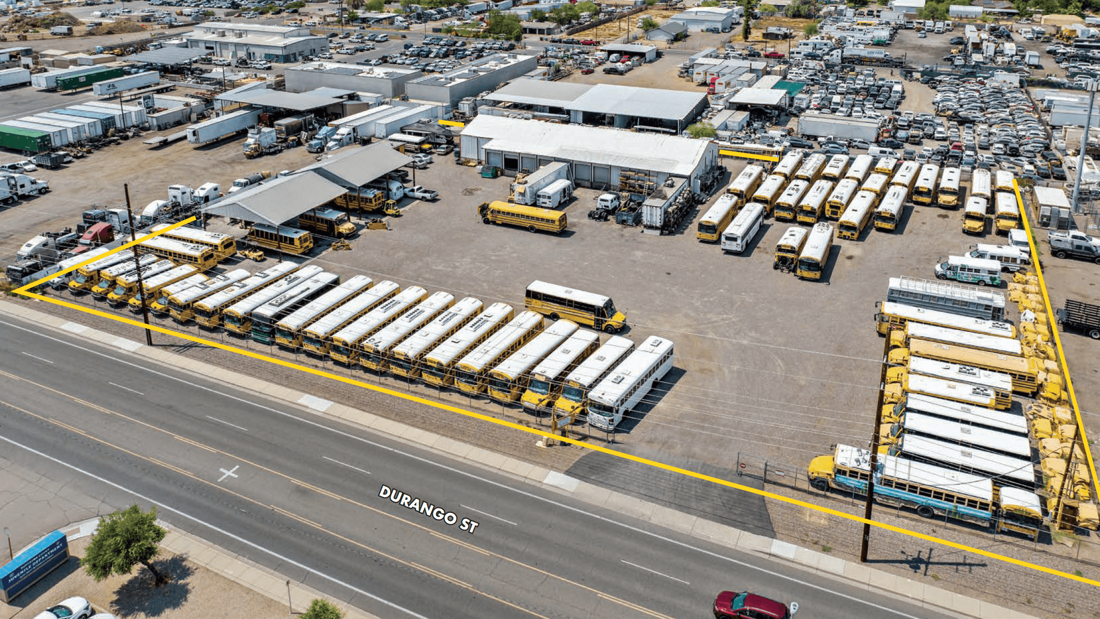 Aerial view of industrial property at 3202 W Durango St in Phoenix, Arizona showing warehouse building, access points, and surrounding site area.