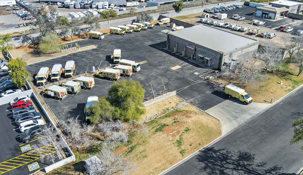 Aerial view of industrial property at 1316 W San Pedro St in Gilbert, Arizona showing warehouse building, access points, and surrounding site area.