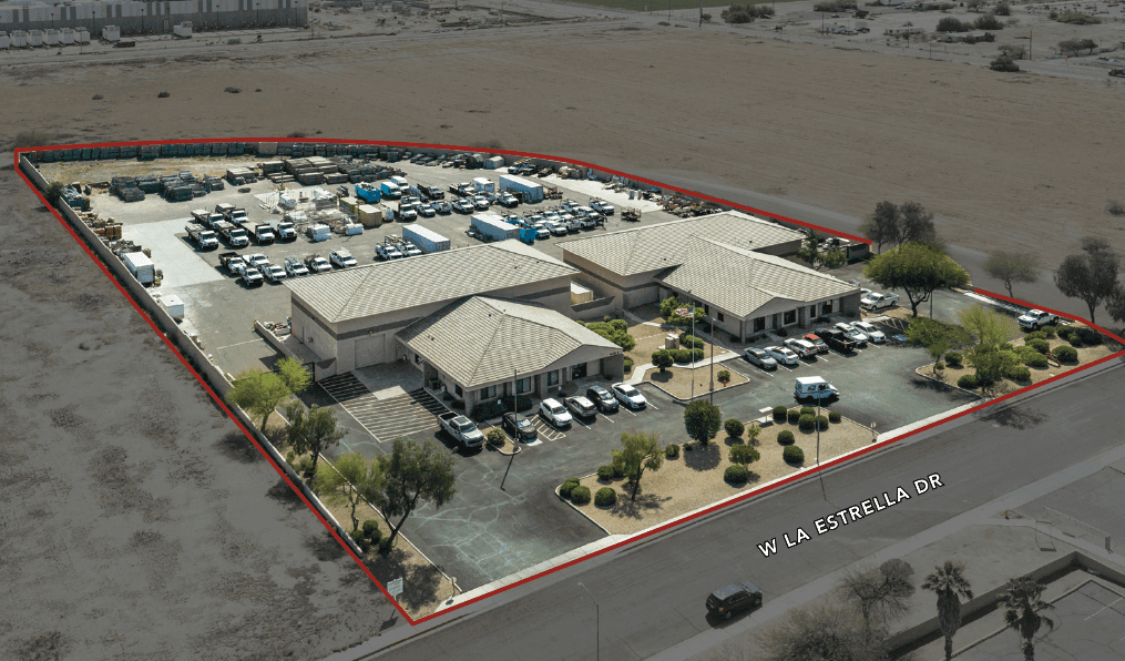 Aerial view of industrial property at 14575 W La Estrella Dr in Goodyear, Arizona showing warehouse building, access points, and surrounding site area.