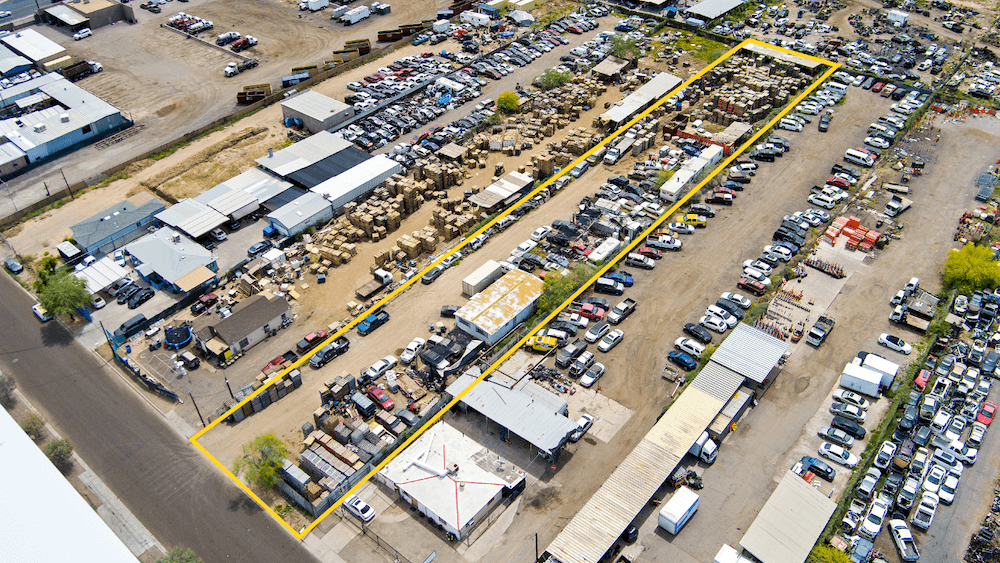 Aerial view of industrial property at 901 W Magnolia St in Phoenix, Arizona showing site area, access points, and industrial yard potential.